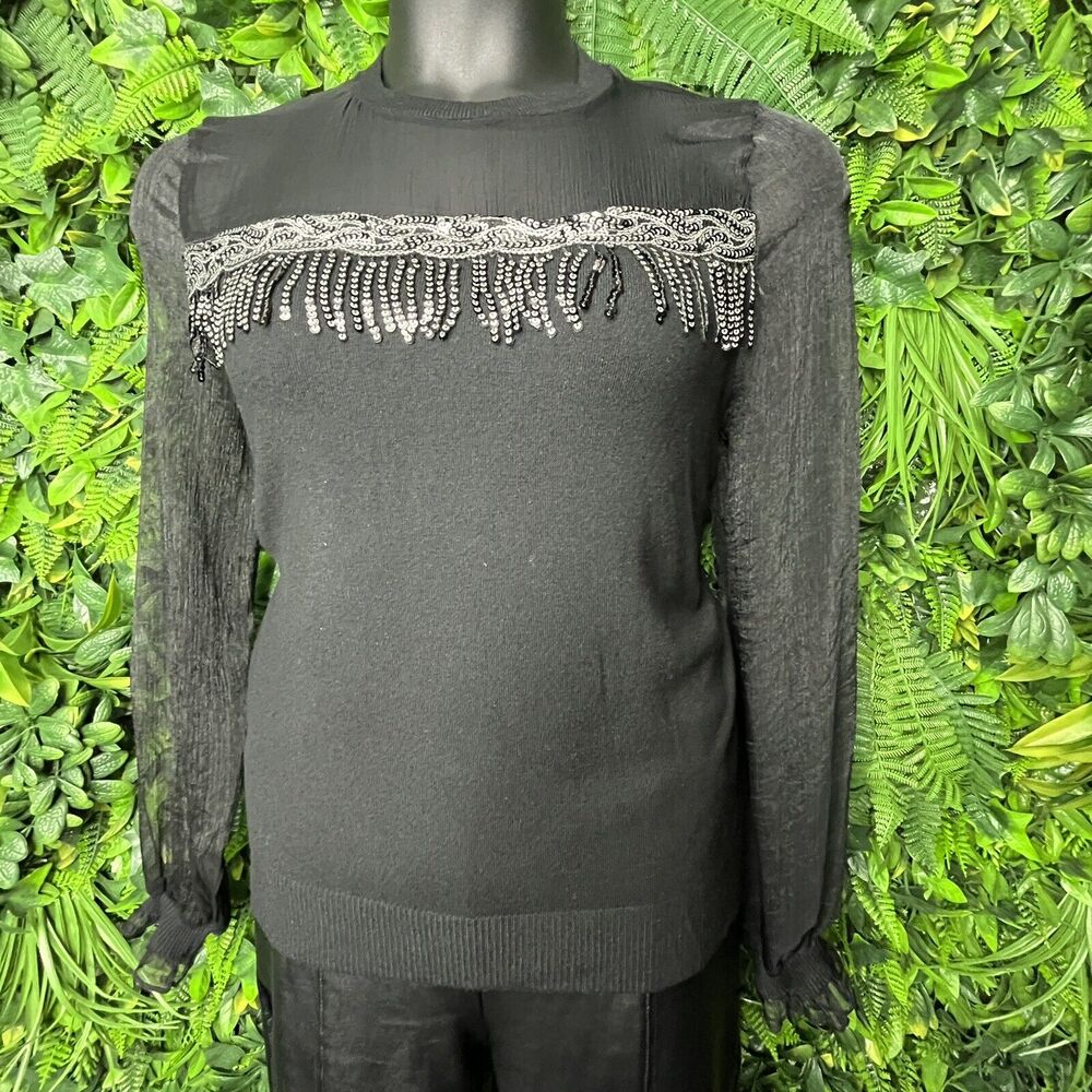 Ontwelfth Tops Women XL Black Sweater Blouse With Sequins Sheer Sleeve‎  0145 - Picture 4 of 13